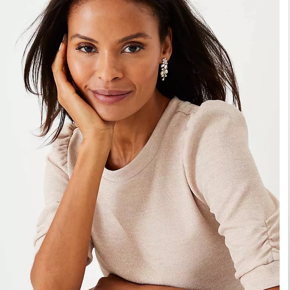 Tan Cream Puff Sleeve Blouse with 3/4 Sleeves sparkle and Ribbed Texture